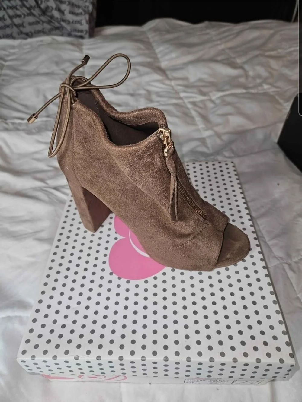 Brown Suede Peep-Toe Block Heel Bootie